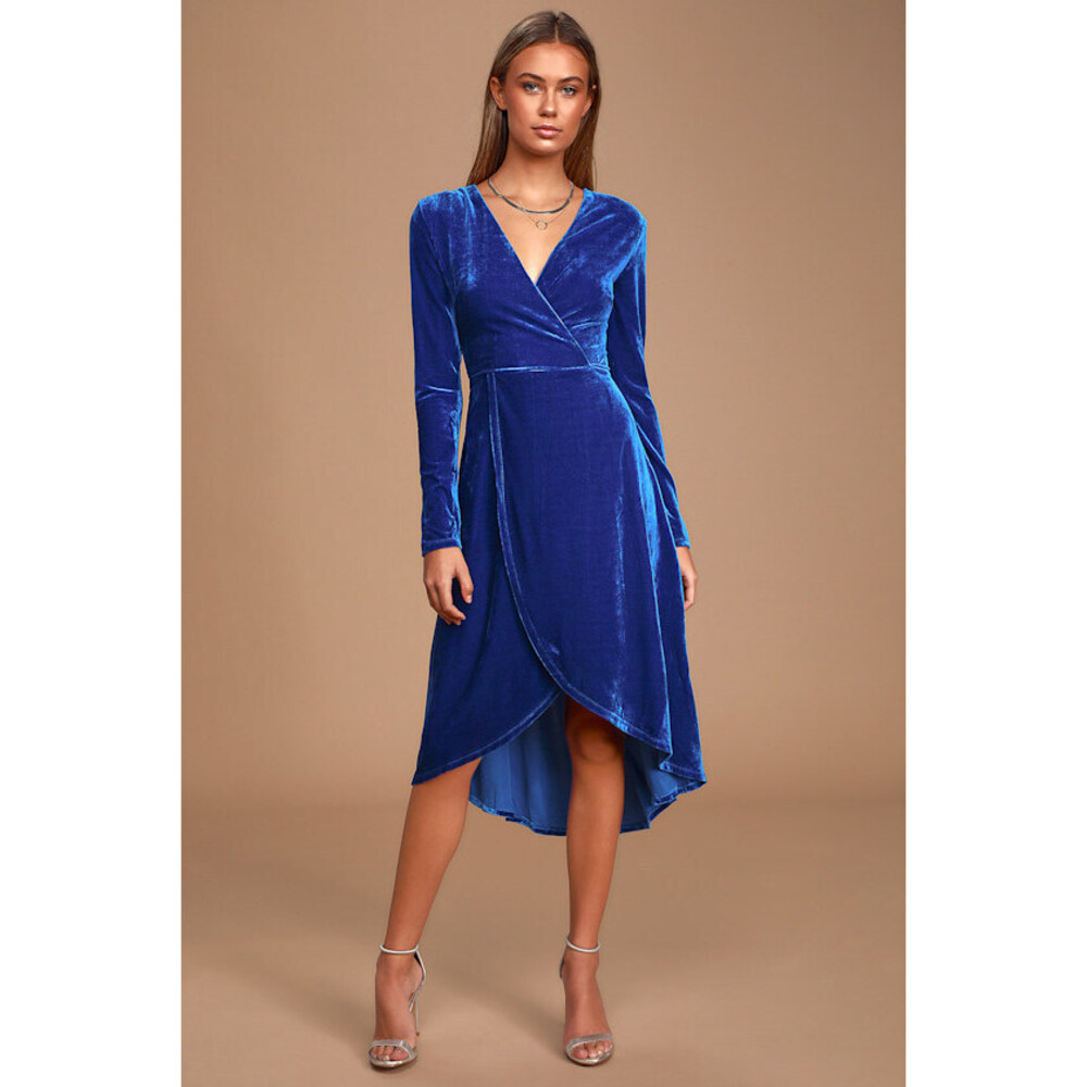 NEW Lulus Silver Screen Cobalt Blue Velvet Long Sleeve Midi Dress - Size XS